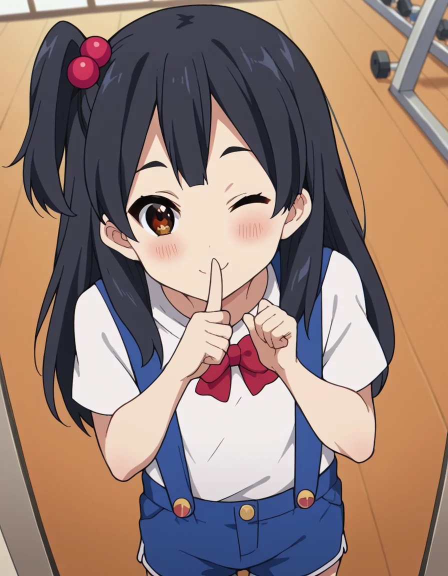 score_9, score_8_up, score_7_up, source_anime, <lora:anko-kitashirakawa-s1-ponyxl-lora-nochekaiser:1>, anko kitashirakawa, long hair, black hair, hair ornament, brown eyes, one side up, hair bobbles,, suspenders, shirt, white shirt, bowtie, red bowtie, buttons, shorts, blue shorts,, gym, weights, treadmill, mirrors, exercise, smile, <lora:shushing-ponyxl-lora-nochekaiser:1>, shushing, finger to mouth, index finger raised, from above, library, smile, blush, one eye closed, dutch angle,, looking at viewer, solo,, dutch angle, cowboy shot