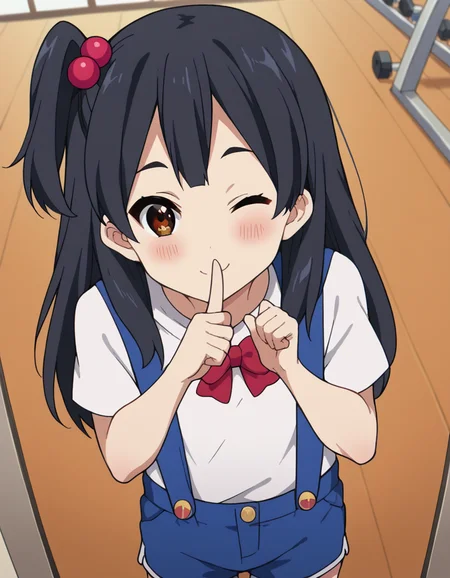 score_9, score_8_up, score_7_up, source_anime, <lora:anko-kitashirakawa-s1-ponyxl-lora-nochekaiser:1>, anko kitashirakawa, long hair, black hair, hair ornament, brown eyes, one side up, hair bobbles,, suspenders, shirt, white shirt, bowtie, red bowtie, buttons, shorts, blue shorts,, gym, weights, treadmill, mirrors, exercise, smile, <lora:shushing-ponyxl-lora-nochekaiser:1>, shushing, finger to mouth, index finger raised, from above, library, smile, blush, one eye closed, dutch angle,, looking at viewer, solo,, dutch angle, cowboy shot