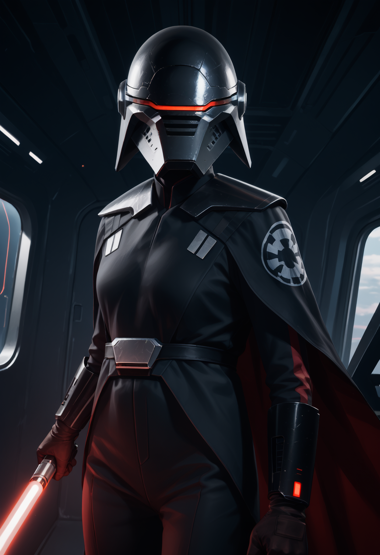 score_9, score_8_up,score_7_up, source_anime, 1girl, solo, <lora:trllsdr_pdxl_EliPot:1>swtrsuscnd, helmet, visor (armor), assault visor, glowing,
shoulder pads, emblem, black bodysuit, insignia, cape, bodysuit, 
makeup, disgust, standing, v-shaped eyebrows, 
spacecraft, spacecraft interior, lightsaber, weapon, outstretched hand,