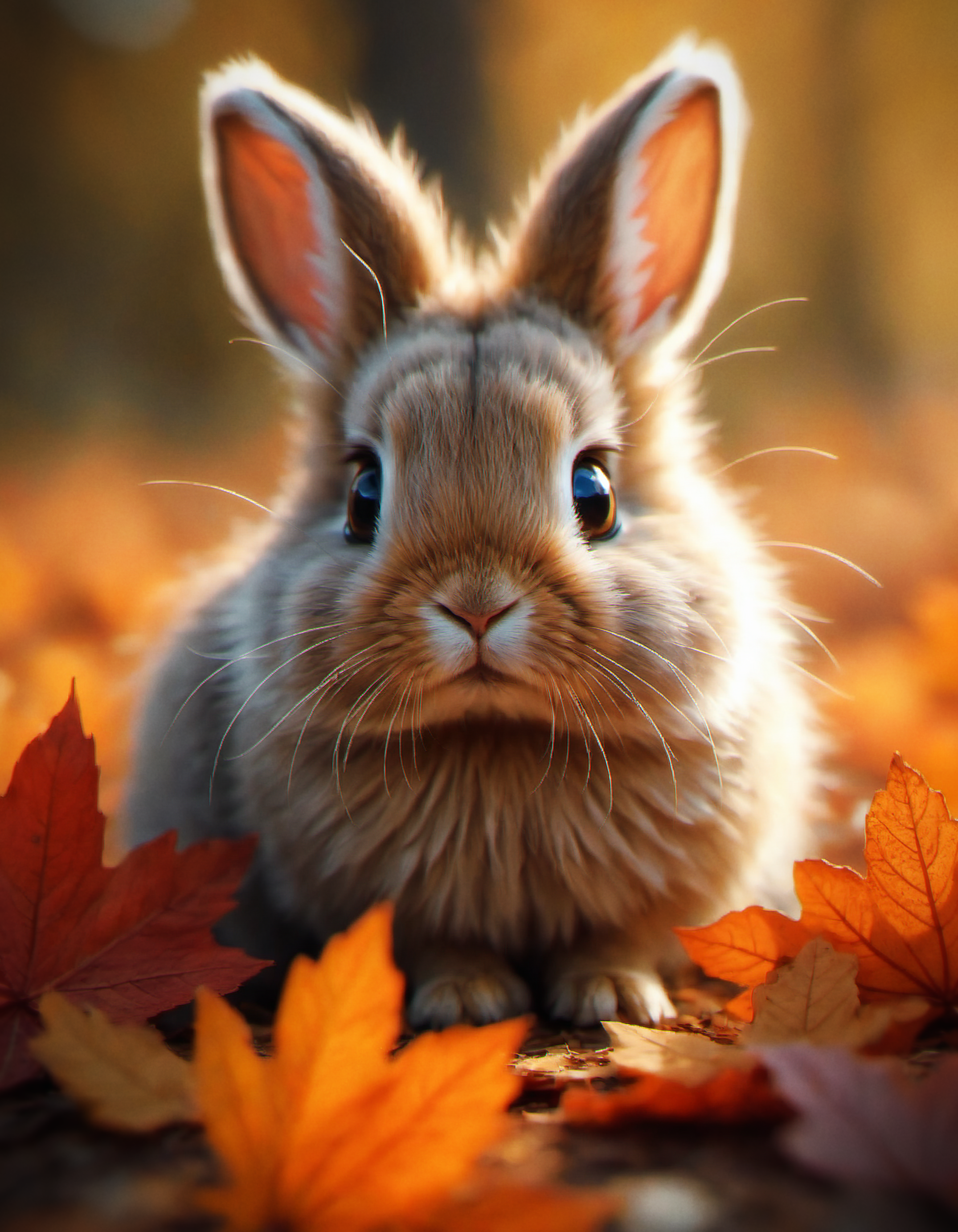 hyper detailed, 4k, masterpiece,  warm and cozy, depicts a fluffy rabbit with large, soulful eyes nestled among a bed of autumn leaves. The rabbit's fur is a blend of soft browns and grays, complementing the vibrant oranges, reds, and yellows of the surrounding foliage. Each leaf is intricately detailed, adding texture and depth to the scene. The background is softly blurred, focusing attention on the rabbit's adorable face and the rich, autumnal colors. The overall composition exudes a sense of warmth and comfort, capturing the essence of a serene fall day