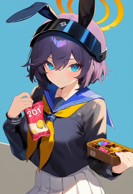 1girl,solo,masterpiece,best quality,newest,recent,
BREAK
1girl, helmet, halo, solo, neckerchief, skirt, school uniform, yellow neckerchief, looking at viewer, food, blush, sailor collar, blue skirt, short hair, long sleeves, blue serafuku, black hair, animal ears, serafuku, fake animal ears, candy, blue eyes, pleated skirt, closed mouth, aqua eyes, :<, purple hair, bangs, military helmet, blue sailor collar, white skirt, breasts, hair between eyes, rabbit ears, simple background, gradient, holding, border,
BREAK
<lora:å¦ä¸ç§è¾
ä½ä¿®æ£XLç¨sd_xl_dpo_lora_v1-128dim:1>,<lora:cutesexyrobuttsXLsucai:1>,