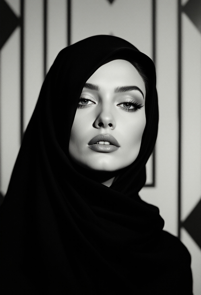 Suprematism,film noir style , woman,wearing hijab,gorgeous, amazing, elegant, intricate, highly detailed, dynamic, sharp focus, beautiful light, friendly, glowing, symmetry, passionate, complex, confident, inspired, brave, vibrant, colorful, thought questioning, pretty, attractive, iconic, epic, fantastic, artistic, background, illuminated, cinematic, fine detail, enhanced,monochrome, high contrast, dramatic shadows, 1940s style, mysterious, cinematic,abstract, limited color palette, geometric forms, Suprematism