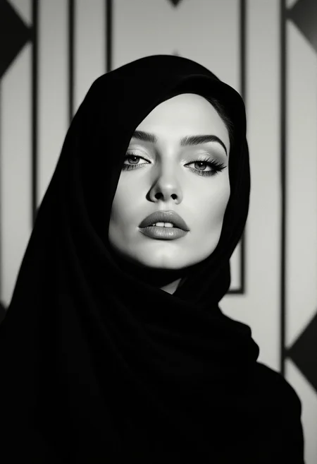 Suprematism,film noir style , woman,wearing hijab,gorgeous, amazing, elegant, intricate, highly detailed, dynamic, sharp focus, beautiful light, friendly, glowing, symmetry, passionate, complex, confident, inspired, brave, vibrant, colorful, thought questioning, pretty, attractive, iconic, epic, fantastic, artistic, background, illuminated, cinematic, fine detail, enhanced,monochrome, high contrast, dramatic shadows, 1940s style, mysterious, cinematic,abstract, limited color palette, geometric forms, Suprematism