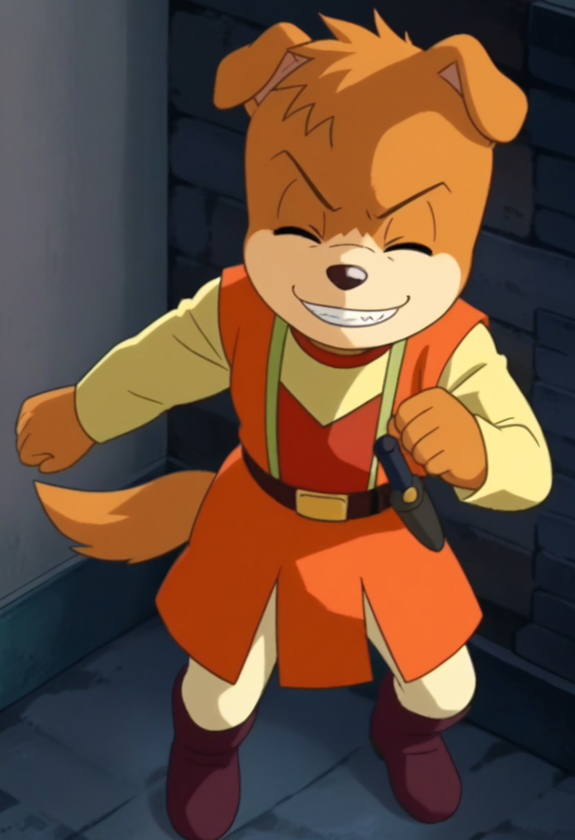 furry, solo, furry male, 1boy, male focus, body fur, dog, dog boy, looking at viewer, animal ears, dog ears, black eyes, animal nose, shirt, long sleeves, vest, belt, weapon, knife, boots, tail, dog tail, full body, grin, closed eyes, high quality