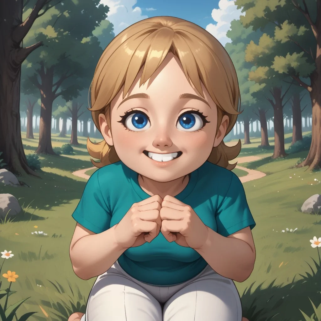 score_9, score_8, BREAK, solo, mii, wii, wii sports resort, 1girl, female mii, cute, blonde hair, black blue eyes, rare eyes, tree shaped nose, buck tooth, double chin, chubby, chubby female, dark green clothing, white pants, barefoot, Megan_(\Wii_Sports_Resort\), Nintendo Mii, modern_mii, classic_mii, big breasts, sexy pose, self portrait, smile, outdoors, sunlight, shadows, evening lighting, natural lighting, forest, trees, grass, orange sky, sunset, sitting, feet, soles