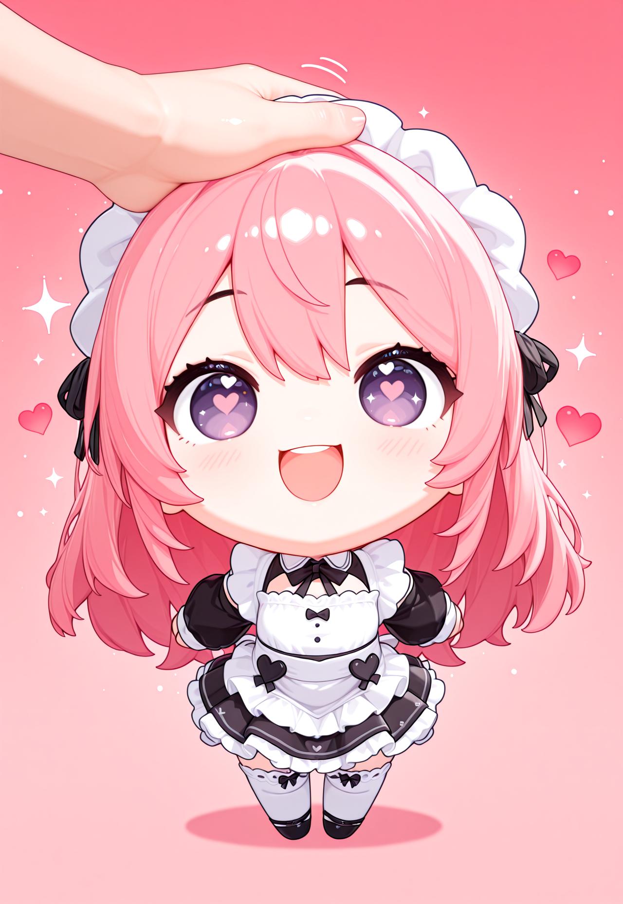 masterwork, masterpiece, best quality, hyper-detailed, 8k uhd, 1girl,solo, CivChan, pink hair, purple eyes, maid, (hearts, sparkles:1.5), pink background, :D, quality: masterpiece, extremely aesthetic, highly detailed, Chb3Hi3, (chibi:1.5), 3d, headpat