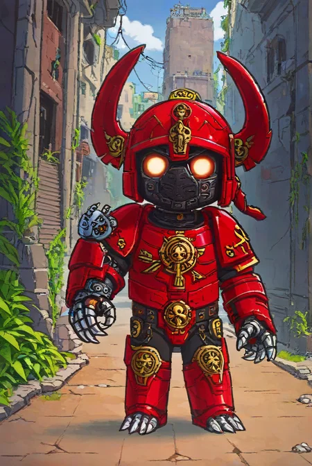 score_9,score_8_up,<lora:Turbo_XL:1>,<lora:Xinzoruo:1>,chibi,helmet,adeptus astartes,warhammer 40k,post-apocalypse,ruins,abandoned city background,mecha claws,gauntlets,, maximum details