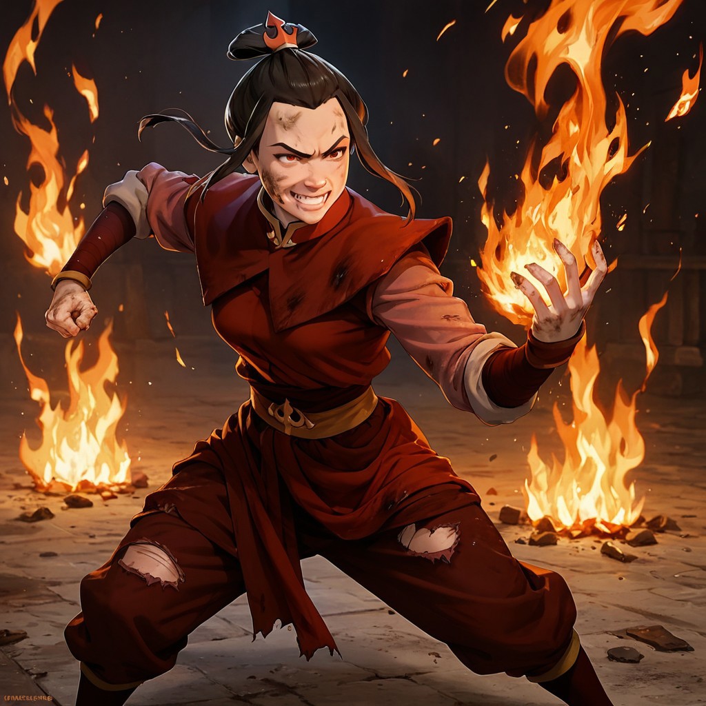 score_9, score_8_up, score_7_up, score_6_up, score_5_up, score_4_up, rating_questionable, 1girl, Azula, fighting stance, surrounded by fire, clothes ripped, dirty, cuts and bruises, deranged smile