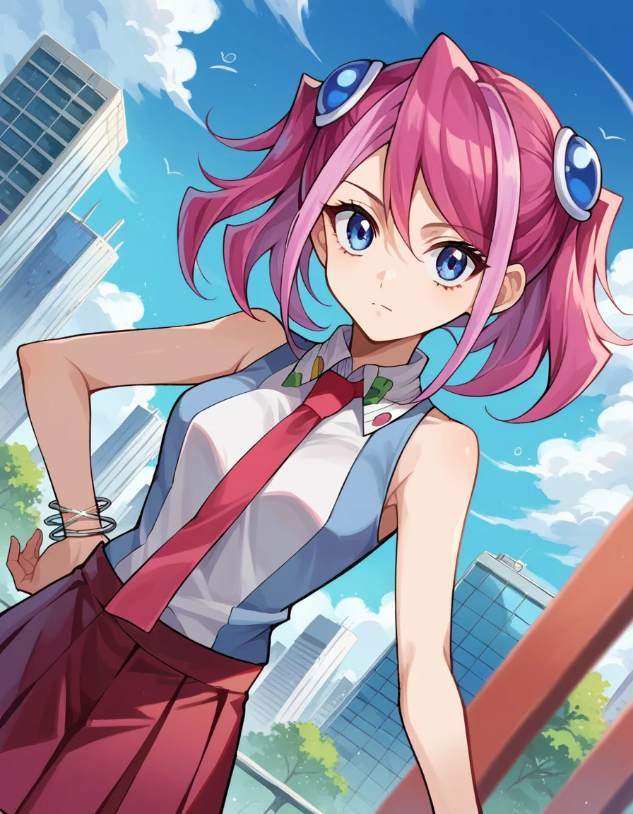 score_9, score_8_up, score_7_up, source_anime,
yuzuhiiragi, <lora:yuzu-hiiragi-ponyxl-lora-nochekaiser:1>,
yuzu hiiragi, blue eyes, hair ornament, medium hair, multicolored hair, pink hair, red hair, streaked hair, twintails,
bare arms, bracelet, collared shirt, jewelry, necktie, pleated skirt, red necktie, red skirt, shirt, skirt, sleeveless, sleeveless shirt, wing collar, two-tone shirt,
outdoors, cityscape,
looking at viewer, cowboy shot, dutch angle,