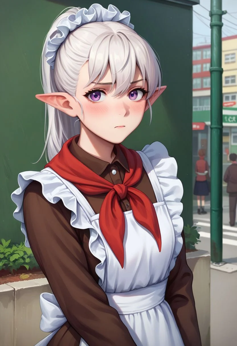score_9,score_8_up,score_7_up,1girl,white hair,long hair,purple eyes,ponytail,pointy ears,bangs,curvy,blush,soviet schoolgirl uniform, frilled apron, frilled hair scrunchie, red neckerchief,upper body,soviet street,20th century, outdoors, looking at viewer