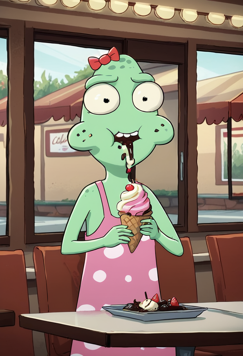 score_9, score_8_up, score_8,   <lora:Jesse_Solar_Opposites_for_PonyXL (2):0.8> bow, green skin, 1girl, black eyes, dress,  j3ss3, young, solo, cafeteria, eating ice cream, window,