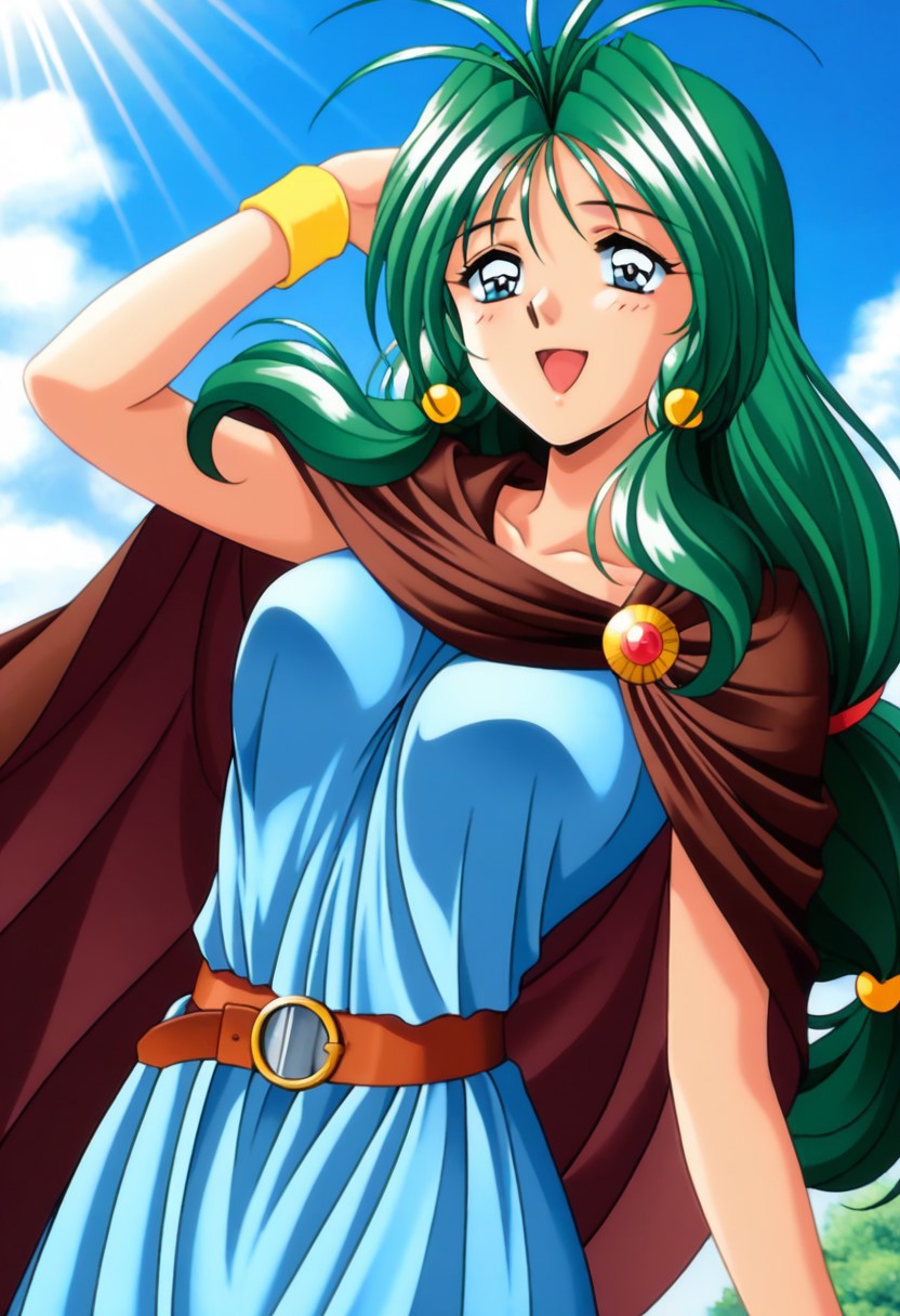 masterpiece, best quality, amazing quality, very aesthetic, high resolution, 1girl, cowboy shot, anime-style, digital art, high resolution, cute girl, smiling, sunlight, bright, clear sky, blue sky, clouds, daytime, outdoor, wind blowing her hair, dynamic pose, cheerful mood, light reflections, detailed background, high quality, beautiful, attractive, light rays, bright lighting, sky, joyful, happy, energetic, bright atmosphere, detailed shading, anime aesthetics, vibrant, lively, braid, jewelry, belt, cape, blue dress, wristband, retro artstyle, 1990s \(style\), 
clairemm, blue eyes, green hair, antenna hair, long hair, low-tied long hair, hair bobbles, medium breasts, mature female,
