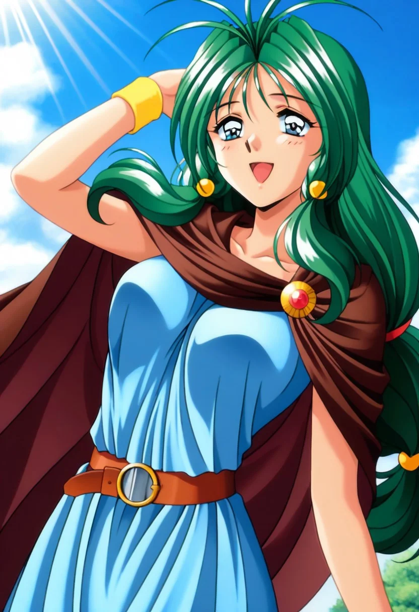 masterpiece, best quality, amazing quality, very aesthetic, high resolution, 1girl, cowboy shot, anime-style, digital art, high resolution, cute girl, smiling, sunlight, bright, clear sky, blue sky, clouds, daytime, outdoor, wind blowing her hair, dynamic pose, cheerful mood, light reflections, detailed background, high quality, beautiful, attractive, light rays, bright lighting, sky, joyful, happy, energetic, bright atmosphere, detailed shading, anime aesthetics, vibrant, lively, braid, jewelry, belt, cape, blue dress, wristband, retro artstyle, 1990s \(style\),
clairemm, blue eyes, green hair, antenna hair, long hair, low-tied long hair, hair bobbles, medium breasts, mature female,