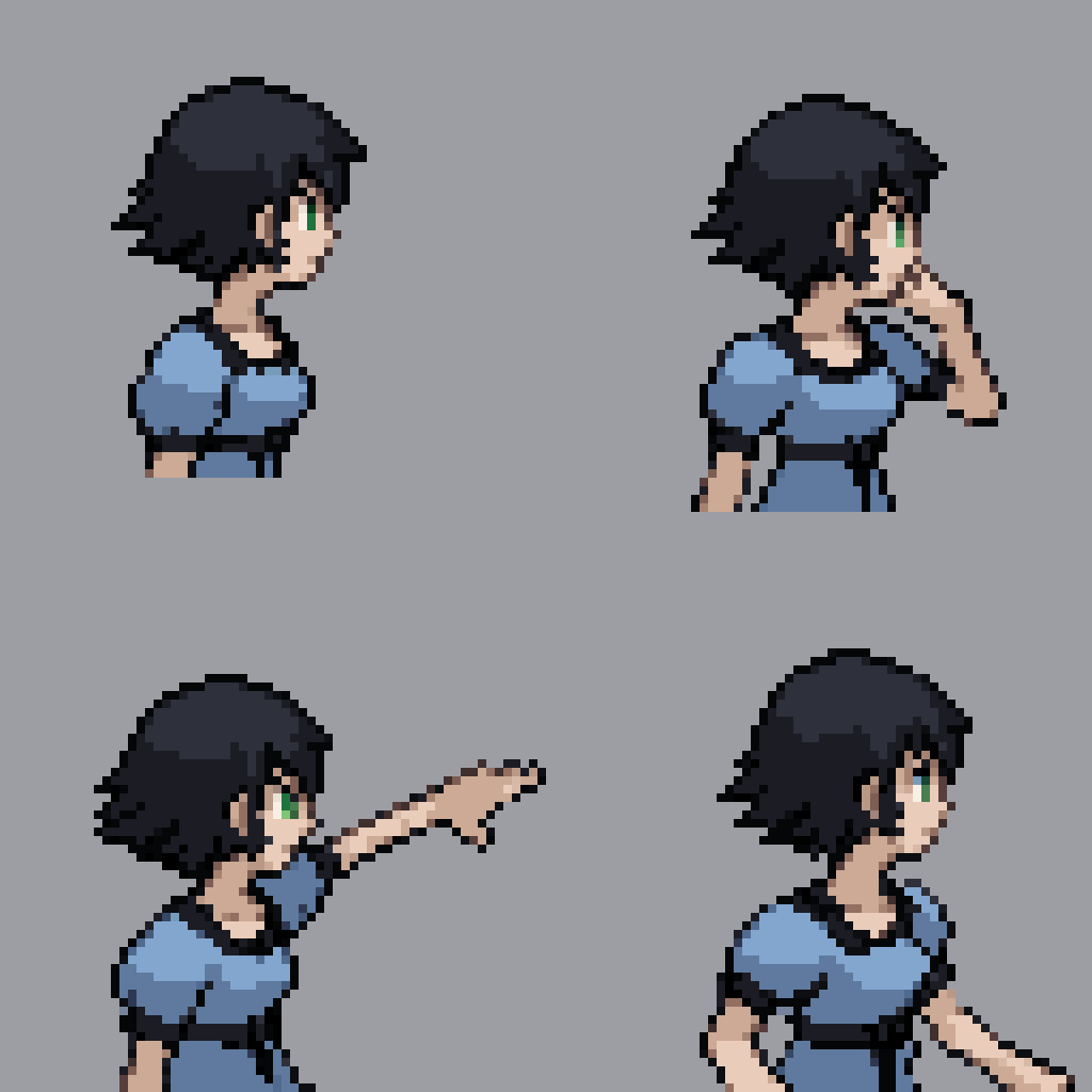 backsprite, gen3backtrainer, sprite sheet, pixel art, from behind,  mayuri shiina, black hair, green eyes, messy hair, short hair, blue dress, collarbone, dress, puffy short sleeves, puffy sleeves, short sleeves,, white background, simple background   <lora:PkmnGen3TrainerBack:1>    <lora:mayuri-shiina-s1-ponyxl-lora-nochekaiser:1>
