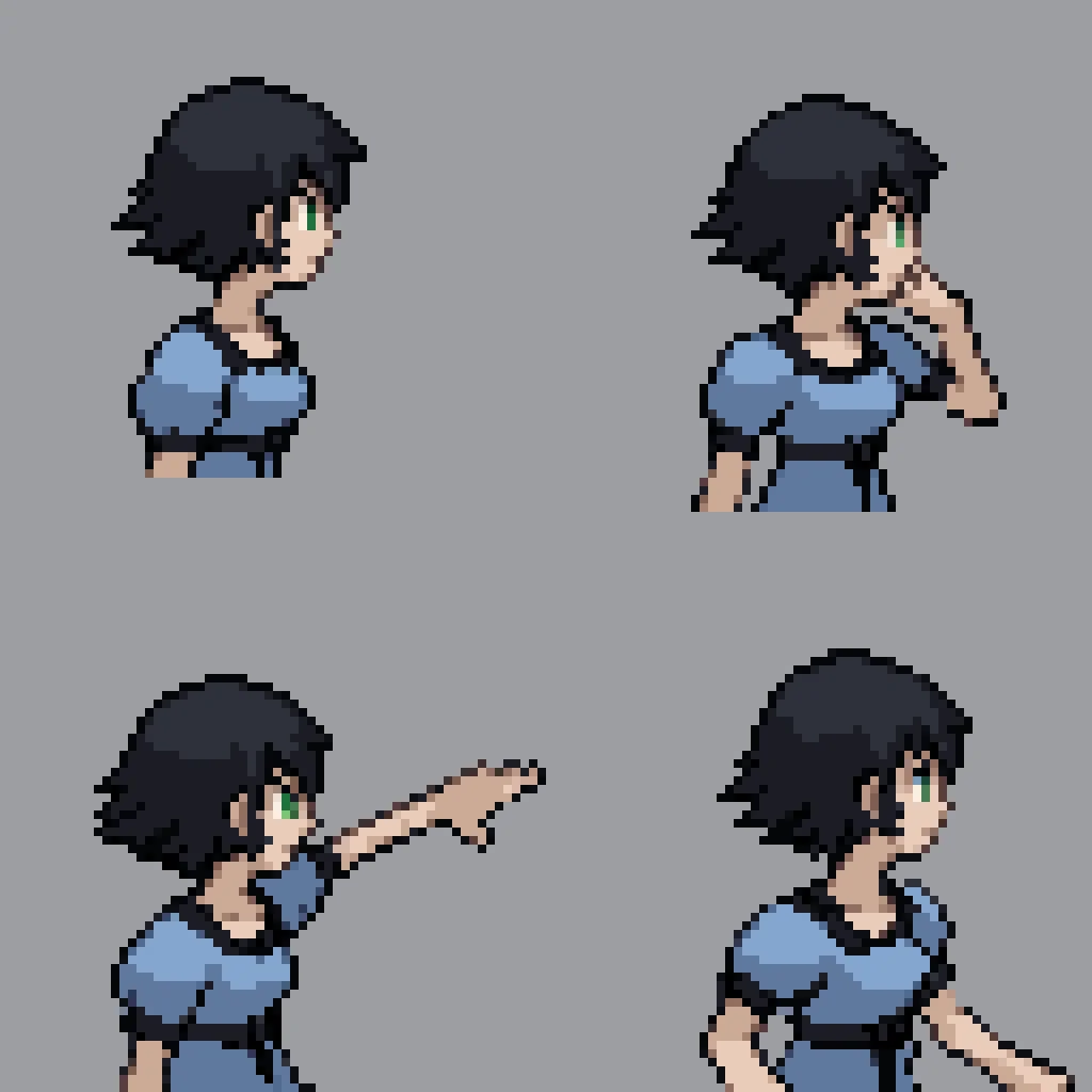backsprite, gen3backtrainer, sprite sheet, pixel art, from behind,  mayuri shiina, black hair, green eyes, messy hair, short hair, blue dress, collarbone, dress, puffy short sleeves, puffy sleeves, short sleeves,, white background, simple background   <lora:PkmnGen3TrainerBack:1>    <lora:mayuri-shiina-s1-ponyxl-lora-nochekaiser:1>