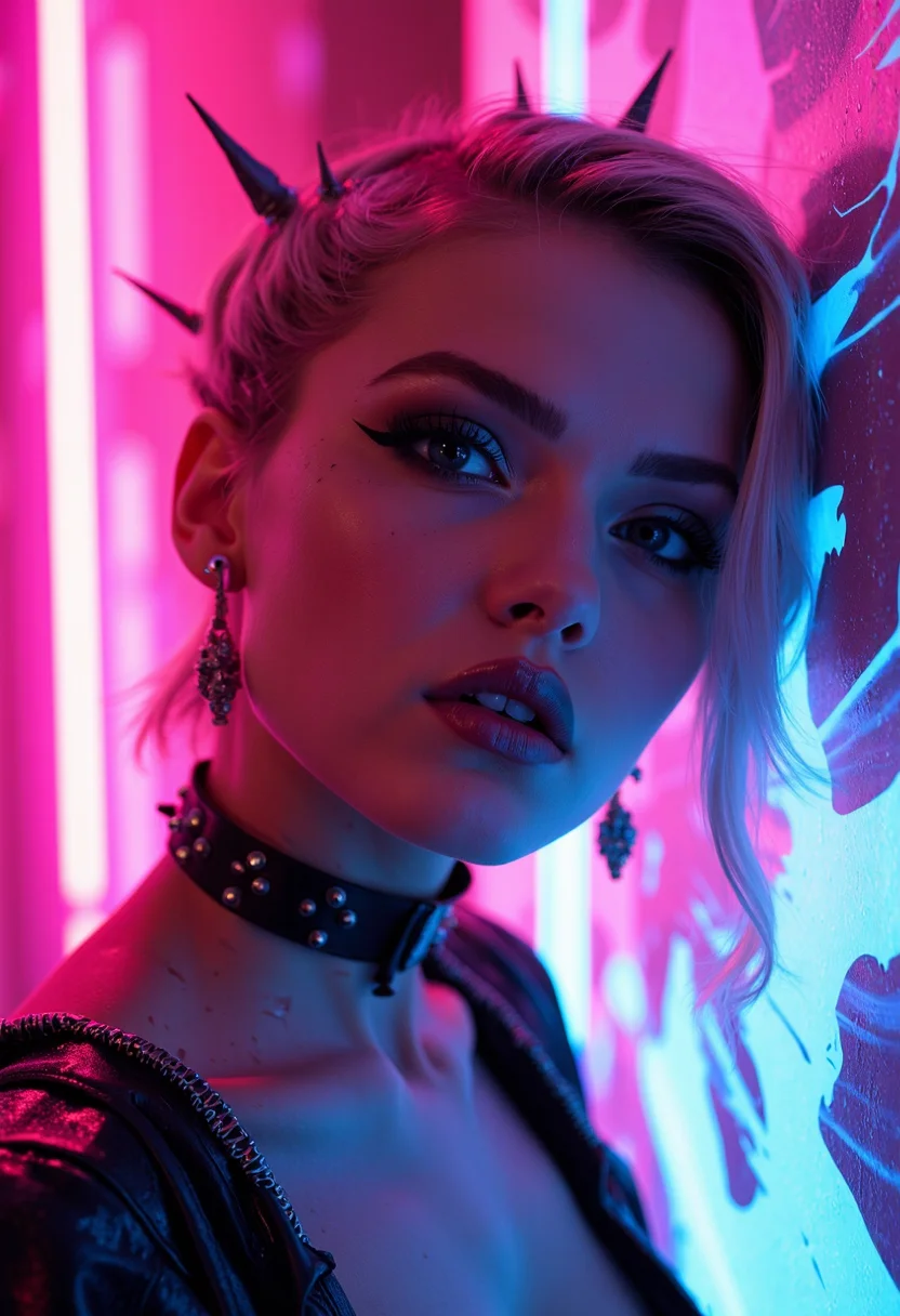 neon noir A photographic blend of two images:
1) A stylized portrait of a young woman with striking makeup, including black eyeliner, dramatic dark lips, and smoky gray eyeshadow, contrasted against a vibrant pink background. Her hair is dyed in shades of silver, giving her an edgy, futuristic look. She wears a black choker adorned with spikes and sports a pair of statement earrings. Her gaze exudes confidence and her expression is one of intense focus.
2) An artistic rendering of a neon-lit abstract surface that appears to be in motion or melting, creating a dynamic visual effect. The colors are bright and saturated, with the dominant hues being pink, purple, and blue, which together form a gradient background.
Combining these two images into one creates a photorealistic, high-resolution image that seamlessly transitions from a realistic portrait to an abstract neon dreamscape. The composition is balanced, with the subject on the left side providing a strong focal point against the more abstract and colorful background. Depth of field blurs the subject's body to focus on her face, while the background remains in sharp detail to draw attention to its vibrant energy.
The lighting is dramatic, with a soft, diffused light source creating gentle shadows on the subject and enhancing the neon effect in the abstract section. The mood of the image is surreal and dreamlike, invoking feelings of freedom, self-expression, and the blending of reality with imagination. . cyberpunk, dark, rainy streets, neon signs, high contrast, low light, vibrant, highly detailed