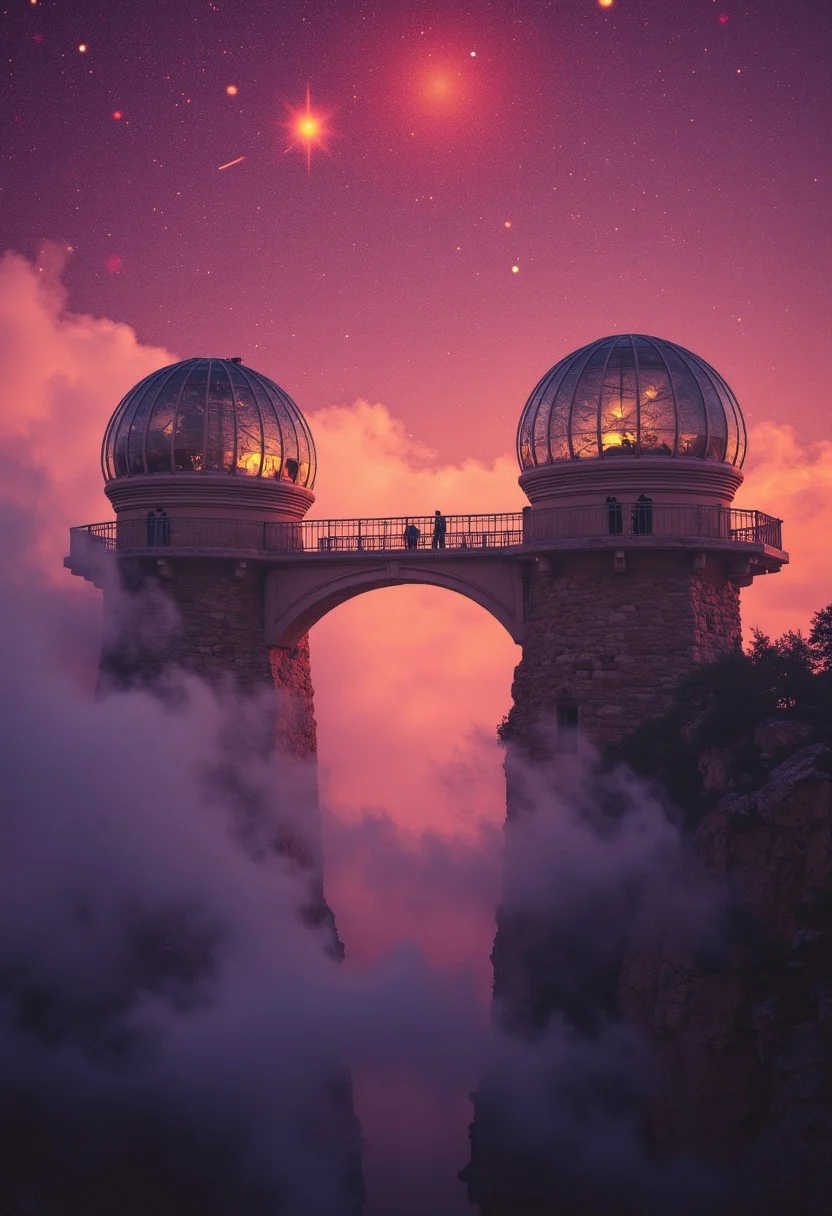 Realistic, faded photograph with color distortion, 80s sci-fi atmosphere. Outer space scene with a dirty purple and deep orange nebula, textures like faded ink. Two towering, partially shattered glass observatories with intricate patterns reflect dim, smoky starlight. A delicate, arched bridge connects the spheres, illuminated by weak, ambient light that casts unsettling shadows. Swirling cosmic mist and drifting space dust add depth. The image has a grainy texture like an old film still, with faded neon highlights and atmospheric fog obscuring the edges. The scene feels haunting and timeless.