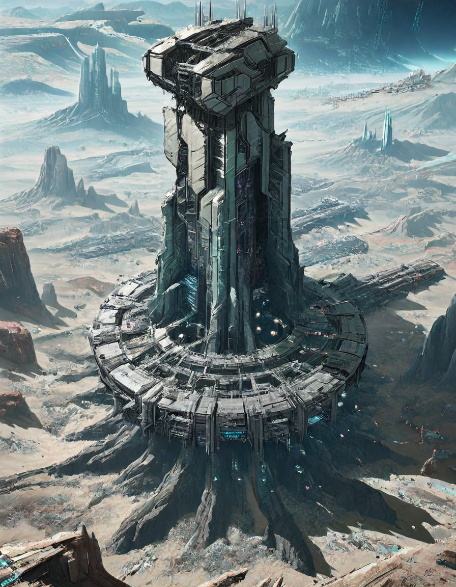 <lora:SWL_Stations1v2ill:1>  lostst1,  station, impressive scientific complex, impressive scientific tower, abandoned, metallic, cyberpunk, science fiction, in a mountain, lights, rocky desert, aeial view, anime style, anime