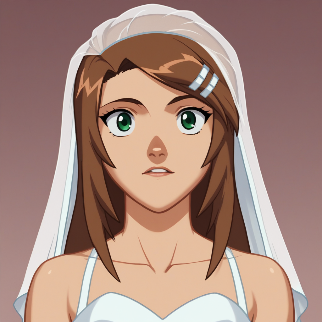 score_9, score_8_up, score_7_up, BREAK, source_anime,  1girl, solo, Diana, long hair, brown hair, green eyes,   hairclip, <lora:Diana_Lombard_XL_Leaf1:1>, bride, white dress, bridal veil,