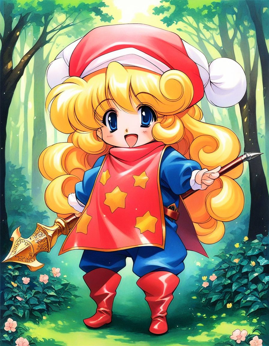 score_9, score_8_up, score_7_up, source_anime, rating_explicit, BREAK  <lora:Charlotte_seiken_densetsu3_XL:1>
Charlotte_seiken, 1girl, solo, blonde hair, long hair, blue eyes,  full body, chibi,　morning star, retro artstyle,
 hat, open mouth, boots, smile,  holding, curly hair, weapon, 
night, forest,