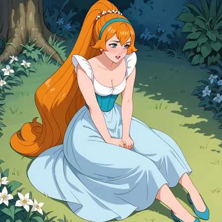 score_9, score_8_up, score_7_up, BREAK, thumbelina, long hair, ponytail, dress, hairband, sitting, grass