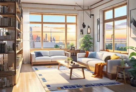 anime-style, modern-style interior, with white walls and large windows, Nordic-style furniture, a  study, Sofa, coffee table, bookcase, single wall, 
warm light morning sun, the view of the city