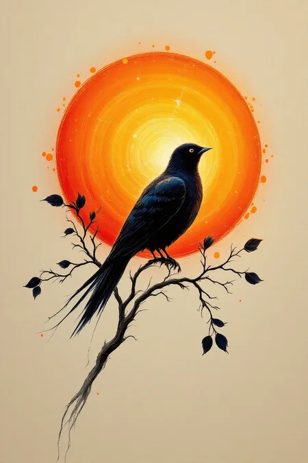 Very beautiful and elegant bird at sunset, masterpiece, logo aesthetics, minimalist illustration, ink art.,aidmafluxpro1.1,velvet_myst