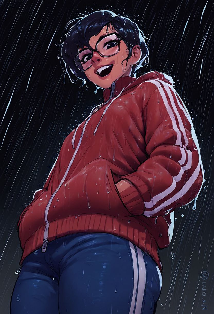 rating_explicit, (score_9, score_8_up, score_7_up, score_6_up, score_5_up, score_4_up), Mevak_PS, glasses, hands in pockets, rain, 1girl, short hair, open mouth, from below, smile, pants, wet, looking at viewer, track jacket, black background, teeth, long sleeves