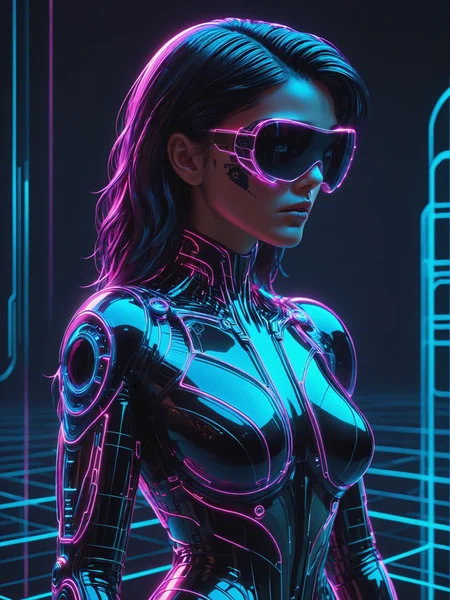 cyberpunk woman, Jed-Jly, Jed-CyFut, Futuristic, Neon, mad-cyberspace, cyberpunk, scifi, 1980s, retro, grid <lora:JellyStyle:0.8> <lora:CyberFuturisticStyle:0.6> <lora:Neon_Cyberpunk_SDXL_-_Cyberspace:0.8>, (masterpiece:1.2), best quality