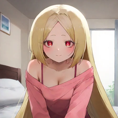 score_9, score_8_up, score_7_up, source_anime, 1girl, breasts, smile, solo, looking at viewer, shirt, indoors, off shoulder, cleavage, blush, pillow, closed mouth, on bed, collarbone, long sleeves, bed, pink shirt, single bare shoulder, bedroom, loose clothes, hand up, futon, bare shoulders, FlassoStyle, morino korisu, long hair, blonde hair, red eyes, very long hair, bright pupils, small breasts