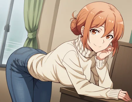 score_9, score_8_up, score_7_up, source_anime,
yuigahamama, <lora:mother-yuigahama-s2s3-ponyxl-lora-nochekaiser:1>,
yuigahamama, hair bun, mature female, orange eyes, orange hair, short hair, single hair bun, hair between eyes, sidelocks,
denim, jeans, pants, sweater, turtleneck, turtleneck sweater, white sweater,
indoors, bent over, smile,
looking at viewer, cowboy shot, dutch angle, solo,