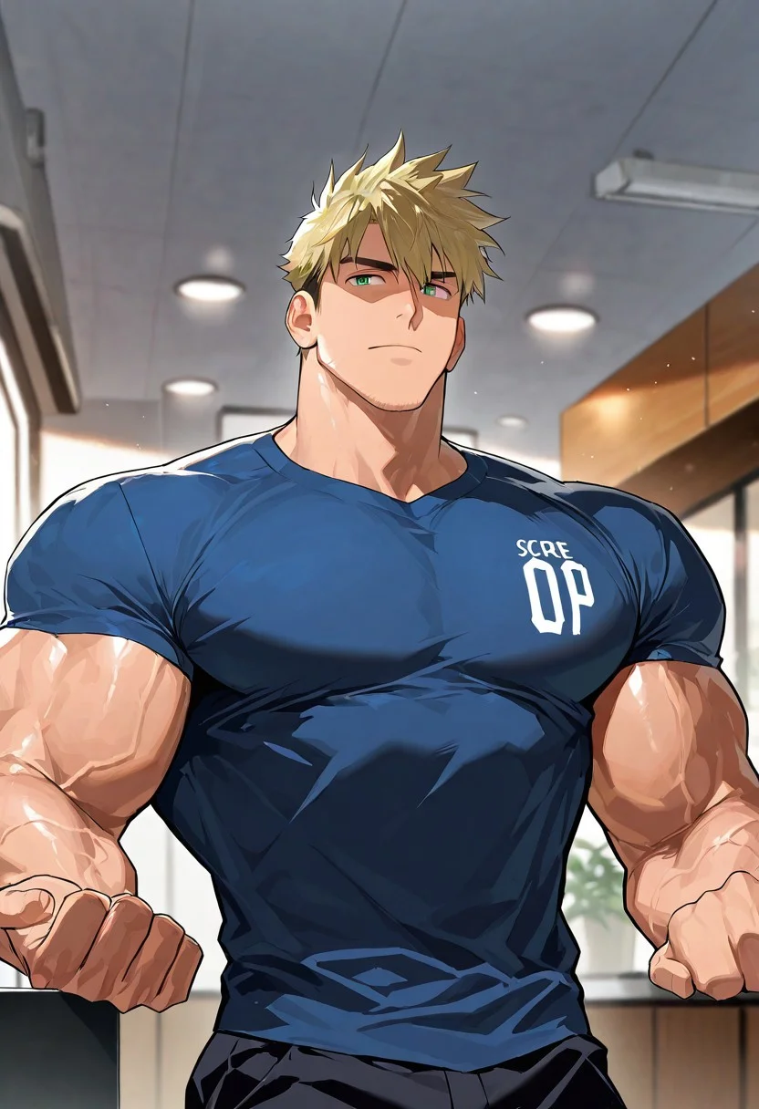 score_9,score_8_up,score_7_up, score_9, score_8_up, Intricate Details, Masterpiece, Best Quality, 1man, mature, bara, solo, male focus, correct anatomy, perfect hands, stylized seinen anime style, lots of details, shaded, detailed shading, detailed skin, counter shading, 4 panel comic, a man going though muscle growth