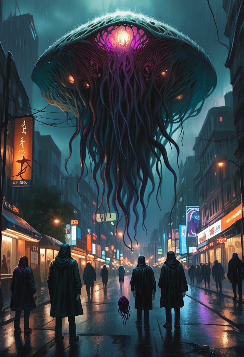 eldrazi, emrakul, score_9, score_8_up, score_7_up, rating_safe, low angle, street, night, rain, overcast, horror, eldritch