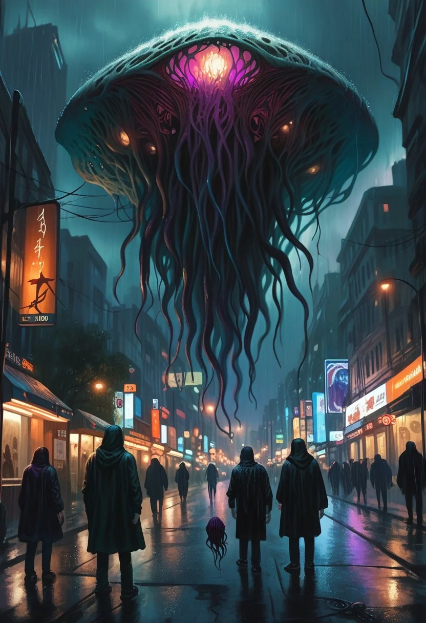 eldrazi, emrakul, score_9, score_8_up, score_7_up, rating_safe, low angle, street, night, rain, overcast, horror, eldritch