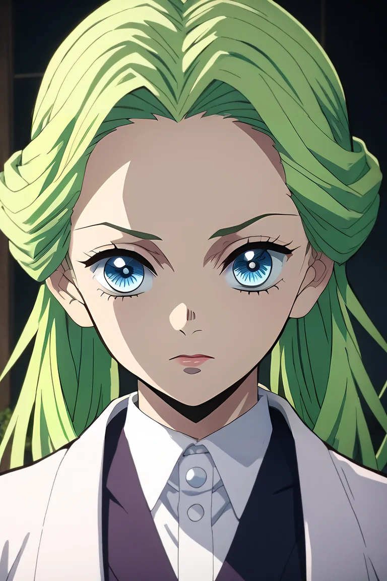 score_9, score_8_up, score_7_up, source_anime, , anime screencap, , , looking at viewer, upper body, , 1girl, light blue eyes, green hair, suit,, solo, The Tower of Shadows, <lora:kimetsu_no_yaiba_style_pony:0.86>, kimetsu_no_yaiba_style, <lora:sdxl_lightning_8step_lora:1>,