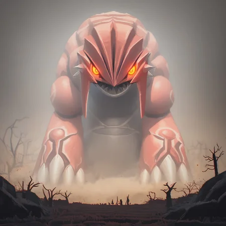 source_anime, source_game, score_9, score_7_up, CR33P1NGF0G, fog, (no humans), 1pokemon, solo, (legendary pokemon), (giant), ancient, boss battle, (gr0ud0n,yellow eyes,red body,(feral:1.2),(pokemon)), Groudon, intimidating gr0ud0n, fearsome, face hidden, partially obscured, red eyes, glowing eyes, (foggy), (haze), eerie, creepy, ominous, fog, dark, night, haze, no_humans, scenery, forest, detailed background, halloween, horror, magma, ground cracking, fire spout, magma, embers, burning