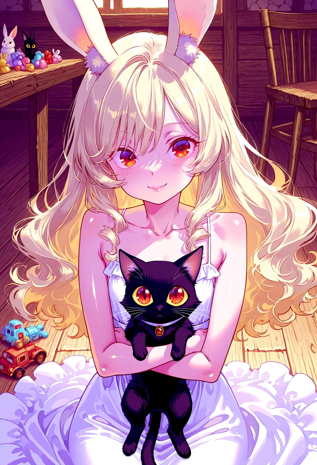 (masterpiece,best quality: 1.2), (very aesthetic: 1.2), 4k, (dynamic pose: 1.2), vivid color,deep colors, watercolor, traditional media,warm tones, cinematic light, vector art, intricate details, volumetric shadows,Expressiveh,eyes HD,detailed eyes, eyelashes, detailed body,detailed face,clean face,shiny face (shiny skin: 1.2),1 girl,solo,(petite girl: 1.5),cute girl,rabbit girl,white rabbit ears,animal ear fluff,blonde hair,long hair, bang , wavy hair ,dark red eyes,big eyes,lips, dark red lips,flat chest,(slim waist: 1.5),(long legs: 1.1) ,happy,summer dress,long dress,puffy dress, white dress,collarbone, sleeveless,spaghetti straps,white sash,buttons,sitting on the floor,(upper body: 1.4),Holding a cat,hugs the cat,a black cat,indoors,old log cabin,wooden floor, wooden table, old table, old chair,children's toys,soft toys,old toys