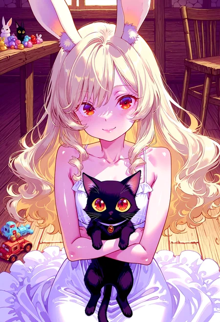(masterpiece,best quality: 1.2), (very aesthetic: 1.2), 4k, (dynamic pose: 1.2), vivid color,deep colors, watercolor, traditional media,warm tones, cinematic light, vector art, intricate details, volumetric shadows,Expressiveh,eyes HD,detailed eyes, eyelashes, detailed body,detailed face,clean face,shiny face (shiny skin: 1.2),1 girl,solo,(petite girl: 1.5),cute girl,rabbit girl,white rabbit ears,animal ear fluff,blonde hair,long hair, bang , wavy hair ,dark red eyes,big eyes,lips, dark red lips,flat chest,(slim waist: 1.5),(long legs: 1.1) ,happy,summer dress,long dress,puffy dress, white dress,collarbone, sleeveless,spaghetti straps,white sash,buttons,sitting on the floor,(upper body: 1.4),Holding a cat,hugs the cat,a black cat,indoors,old log cabin,wooden floor, wooden table, old table, old chair,children's toys,soft toys,old toys