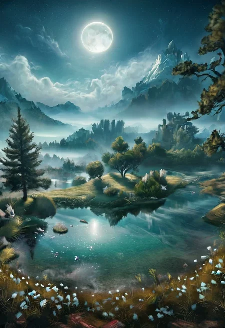masterpiece, best quality, ultra-detailed, realistic, 8k, lakes, meadows, glitter, moonlight, one pine tree, a couple of deer on very distant, Crystal landscape, Crystal flowers, Crystal fantastic, out-of-this-world scenery, masterpiece, best quality, ultra-detailed, realistic, 8k, lifelike naturalism, greatest naturalism photo, immaculate detailed realism photography, rich colors, best colors composition, intrigue nature panorama, delicate nature photo, immaculate micro-details nature elements, lakes, meadows, glitter, moonlight, Crystal landscape, Crystal flowers, Crystal fantastic, out-of-this-world scenery, prettiest, breathtaking beautiful, perfect compositions, perfect proportion, super delicate, surreal, insanely lifelike, top best naturalism photography, greatest detailed, intricate details, depth of field, more emphasize more, more highlight,