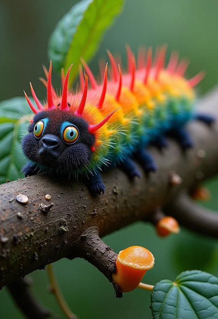 rainbow colored Woollybear caterpillars, very detailed, its eyes are rainbow colored, tree branch, detailed green leaves, fungus grow on tree branch,