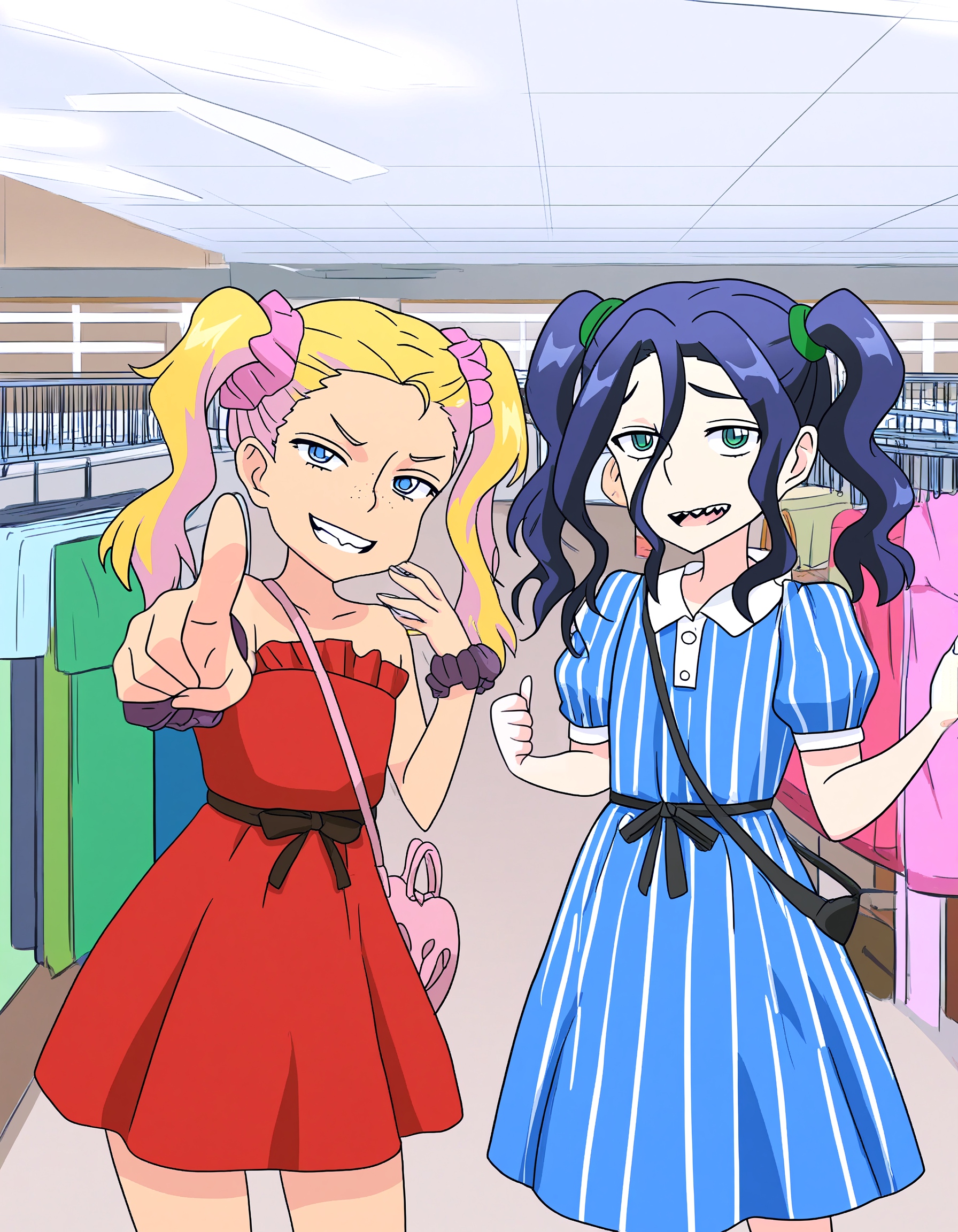 high quality, newest, hires, oshiete! galko-chan,  tsunno, 2girl, kibami,  freckles, (tanlines:0.6),blue eyes, looking at viewer, hair between eyes, sharp teeth, grin, smug, laughing, open mouth,  blonde hair, dress, bare shoulders, twintails, standing,  indoors, bag,strapless, red dress, strapless dress, handbag, shoulder bag, shopping,   scrunchie,   long hair, blue hair, blue dress, striped dress, black ribbon,  collared dress, bag, mall, short sleeves, puffy sleeves, pointing at viewer,