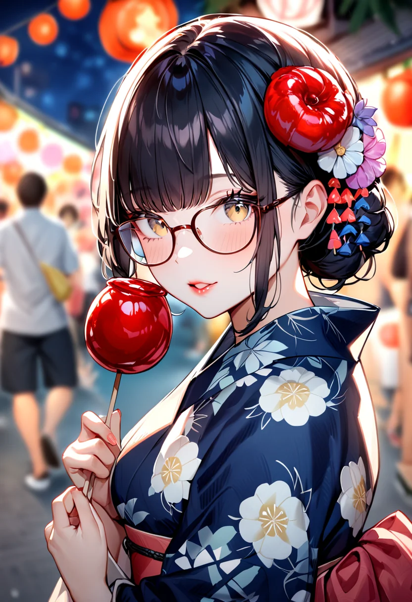 masterpiece, best quality, very aesthetic, absurdres,
ringoame, 1girl, glasses, food, black hair, yukata, floral print, candy apple, hair ornament, looking at viewer, lips, hair flower, holding food, upper body, holding, outdoors, bangs, blurry background, night, summer, paper fan, uchiwa, paper lantern,
<lora:ringoame_SDXL_V1:1>