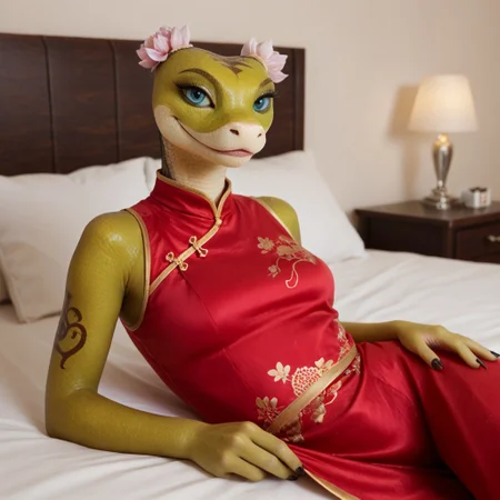 score_9, score_8_up, score_7_up, score_6_up, score_5_up, score_4_up, masterpiece, high quality, realistic, detailed, best quality, white bed, solo, rating_safe, source_furry, bedroom, smiling, seductive, looking at viewer, lying on belly, anthro, detailed eyes, good_hands, masterviper_kfp, snake, green scales, pink flowers, blue eyes, brown patterns, female, 1girl, tail, wearing red chinese dress