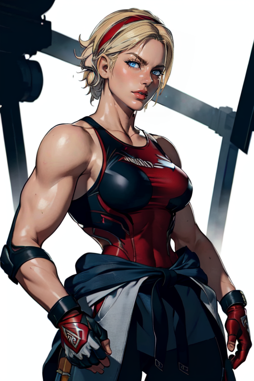masterpiece,best quality,extreme detail,8k,white background,<lora:lidia:0.8>,LidiaSobieska,1girl,solo,breasts,short hair,blue eyes,blonde hair,gloves,medium breasts,hairband,black gloves,fingerless gloves,lips,alternate hairstyle,tank top red,armband,scar across eye,red hairband,clothes around waist,dougi,jacket around waist,cowboy_shot,upper_body,