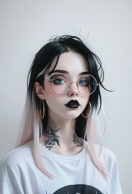 <'ctdrm':(
('dreamy'+'cinematic'+'soft lighting'+'realistic'+'ethereal mood'),
('portrait'+'closeup'+'solo'+'detailed'),
('simple white background'))>,
BREAK
<'1girl':(
('goth girl'+'pale skin'+'multicolor hair'+'long hair'+'black lipstick'+'blue eyes'+'light blush'),
('hoop earrings'+'detailed round glasses'),
('white tshirt'+'tattoos'+'black makeup'))>