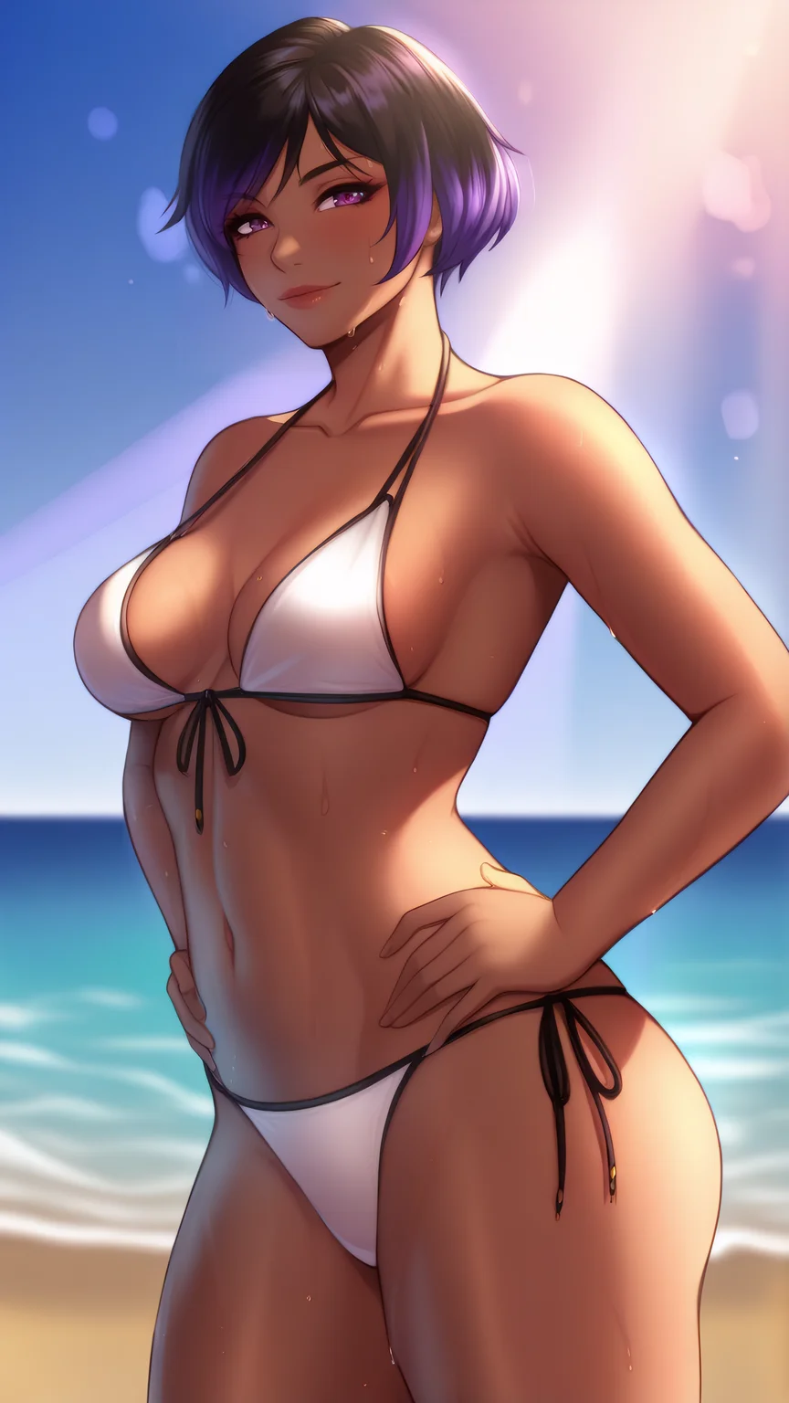 masterpiece, best quality, very aesthetic, absurdres, BREAK, 1girl, looking at viewer, cowboy shot, close-up, 
<lora:Reinav2_Illu_Dwnsty:0.8>, reina_def, purple eyes, multicolored hair, black hair, purple hair, short hair, white bikini, string bikini, cleavage, front-tie bikini top, side-tie bikini bottom, navel collarbone, bare shoulders, 
medium breasts, lips, light smile, hands on own hips, 
ocean, beach, sunlight, blue sky, outdoors, water drop, sweat,