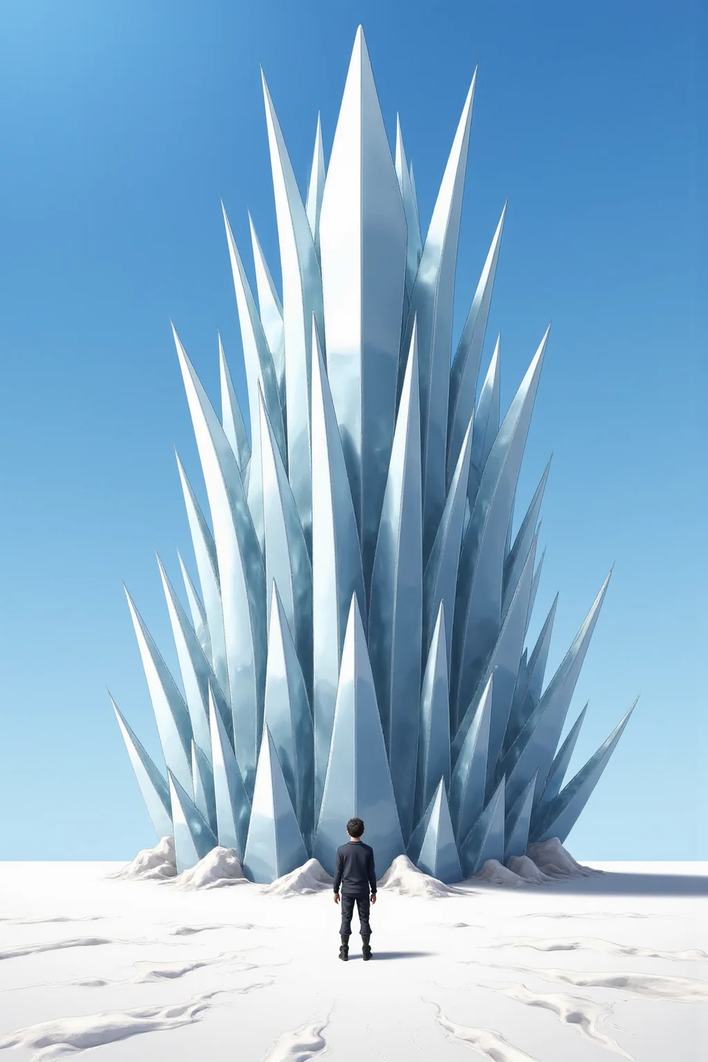 YFG-Ge0m, The image portrays a surreal and striking scene set in a vast, desolate landscape under a clear blue sky. Dominating the foreground is an enormous, crystalline structure that appears to be made of ice or glass. The structure is composed of sharp, angular shards that jut out in various directions, creating a jagged and almost otherworldly appearance. The translucent quality of the material allows light to pass through, casting intricate shadows and reflections on the ground. In the distance, a solitary figure stands with their back to the viewer, gazing at the towering structure. The person is dressed in dark clothing, which contrasts sharply with the bright, white expanse of the surrounding terrain. The ground appears to be a flat, sandy surface, adding to the sense of isolation and scale. The overall composition evokes a sense of wonder and curiosity, inviting the viewer to imagine the story behind this mysterious and awe-inspiring scene, anime, anime art.