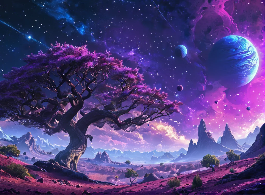 masterpiece,8k,high resolution,
<lora:space_backround-XL-7:0.6>,
space_backround,
scenery, cloud, sky, tree, star (sky),no human,purple theme,strong colors,alien planet,on planet