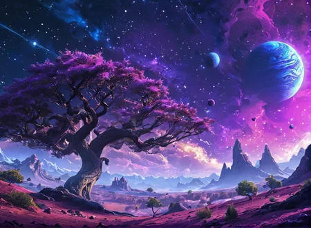 masterpiece,8k,high resolution,
<lora:space_backround-XL-7:0.6>,
space_backround,
scenery, cloud, sky, tree, star (sky),no human,purple theme,strong colors,alien planet,on planet