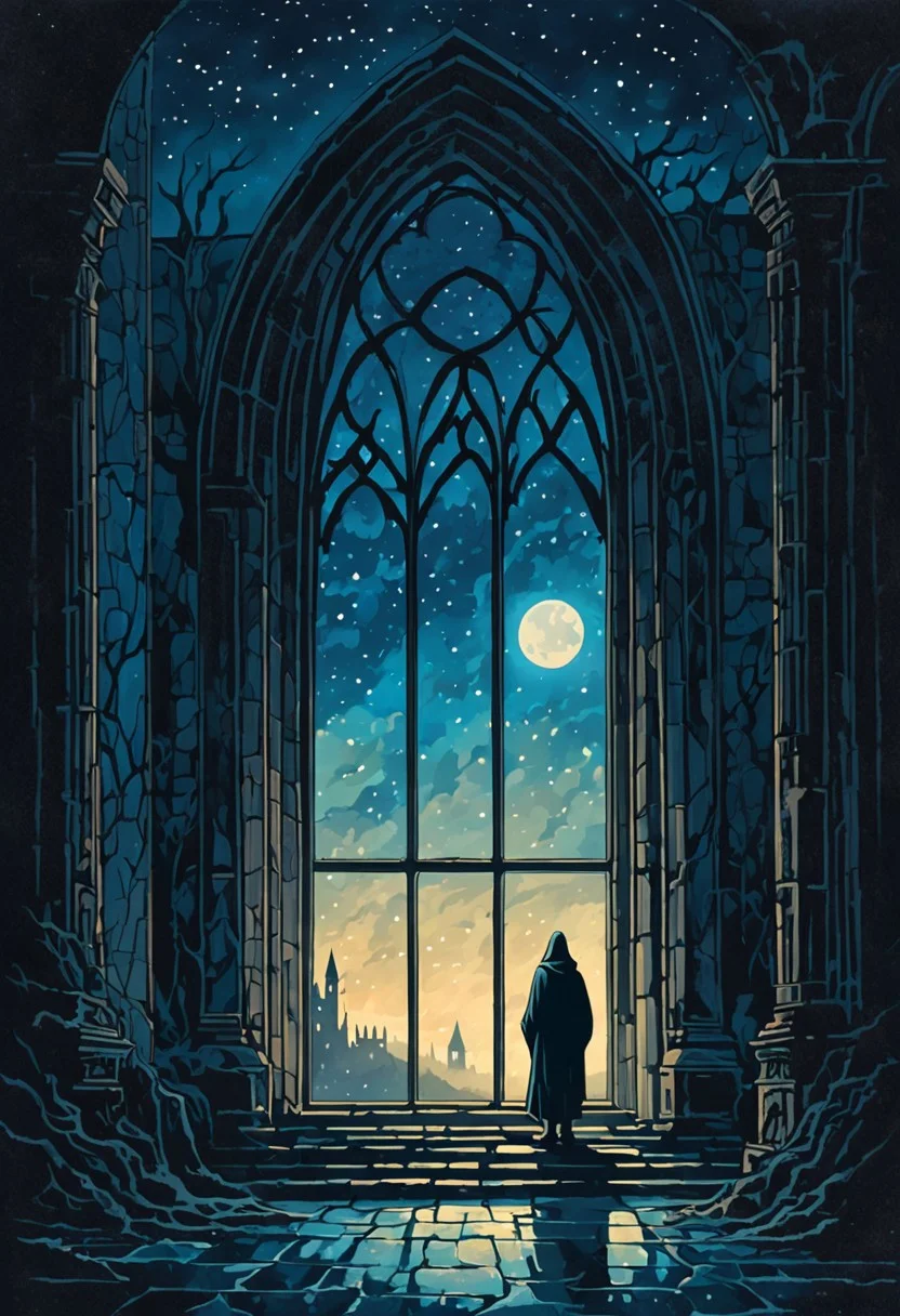 abstract dark fantasy illustration of a gigantic window emitting a soft blue light, open window, opulent drapes, the window towers over a hooded character standing in front of it, size difference, huge room with tiles, minimalistic, their long shadows cast dramatically on the floor, the blue light from the window creates a diffused glow with scattered light particles floating in the air, mysterious and eerie atmosphere, the scene is enveloped in dark tones contrasting with the ethereal blue light creating a haunting and surreal composition, detailed, shaded, contemplative atmosphere, somber mood, old castle background, night sky with big moon, fog, stars, galaxies, oil painting, romantic impressionism, dream scenery art, oil matte painting, detailed, shaded, contemplative atmosphere, somber mood, book cover illustration style, incredible full pastel colors, glitter, vignette, retro, sharp focus, wide angle lens, scenic, oil painting cromulent, OverallDetailXL